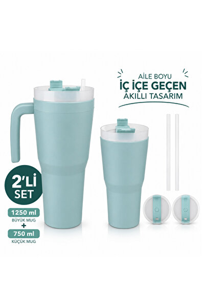 Kale Termos Kale Sippro Mug İç İçe Geçen 2'li Pipetli Suluk Seti 1250 ml + 75...