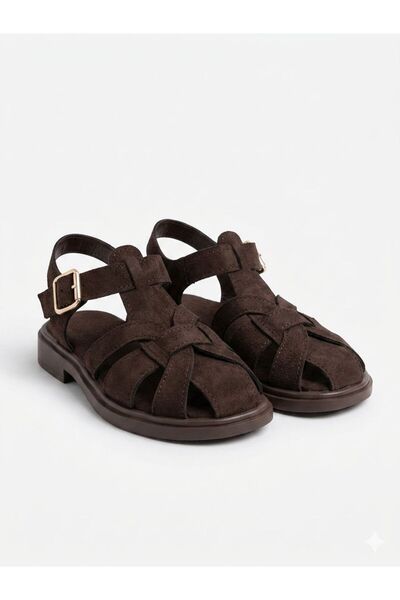 RoseVeno Women's Brown Suede Cage Comfortable Sole Daily Sandals