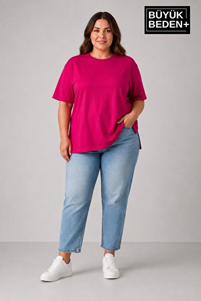 Süperlife Plus Size Women's Crew Neck Slit Detailed 3Xl-6Xl Tunic T-Shirt Spr...