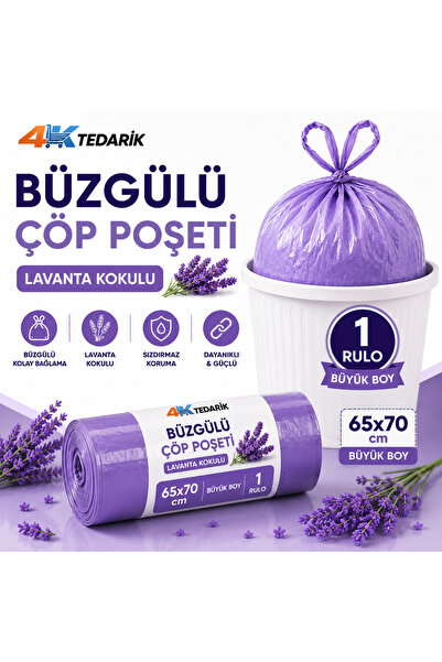 4K TEDARİK Büzgülü Çöp Poşeti Lavanta Kokulu 65×70 cm Büyük Boy 1 Rulo 10 Ade...