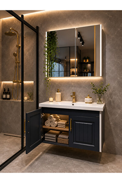 nata Banyo 80 cm Aynalı Banyo Dolabı Takımı MDF Gövde Lake Kapak Soft Close B...