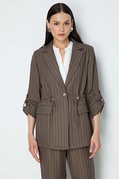 Ekol Elastic Waist Striped Linen Jacket