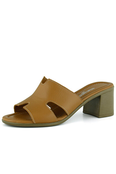 Erkan Saçmacı Hermine Taba Genuine Calfskin Special Cut Thick Heeled Slippers