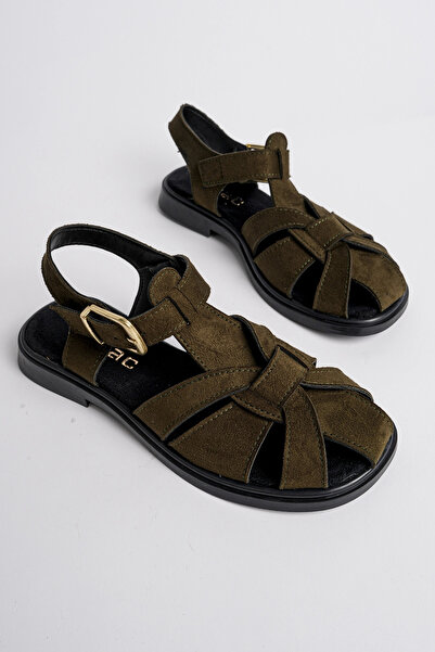 bakac store Women's Khaki Suede Fabric Comfortable Sole Daily Sandals