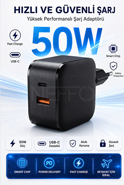 NEFFO 50W Çift Portlu USB-C Girişli Akıllı Hızlı Şarj Adaptörü