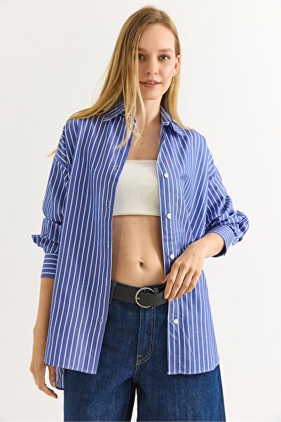 Raneel Kazançlı Alışveriş Long length striped navy oversize shirt