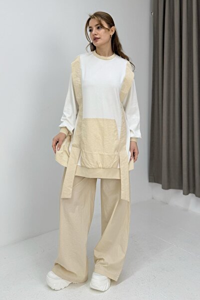 Raneel Kazançlı Alışveriş Women's Garnished Double Color Tracksuit Set White