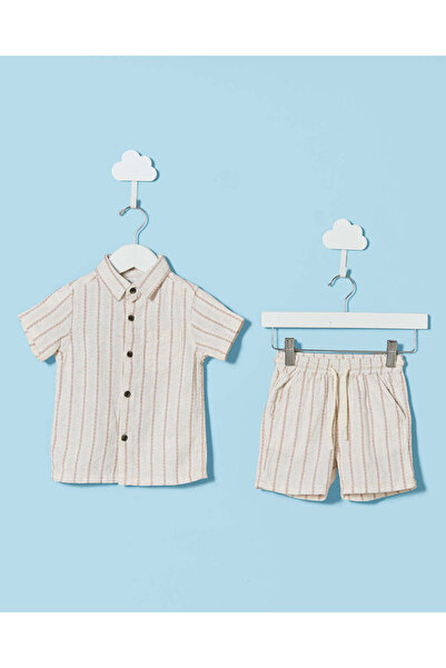 REDTAG Boys Beige Striped Shirt And Shorts Set