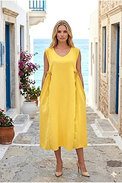 Cool & Sexy Yellow Lace-Up Linen Dress