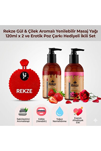 Rekze Gül ve Çilek Aromalı Yenilebilir Masaj Yağı 120 ml x 2 Çiftlere Özel Oy...