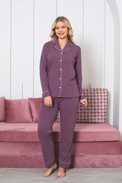 ALİMER Women's Pajama Set - Dried Rose Polka Dot Front Buttoned Long Sleeve L...