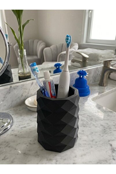 AHENDESIGN Mat Siyah Geometrik Diş Fırçalık Ve Banyo Tezgah Üstü Organizeri