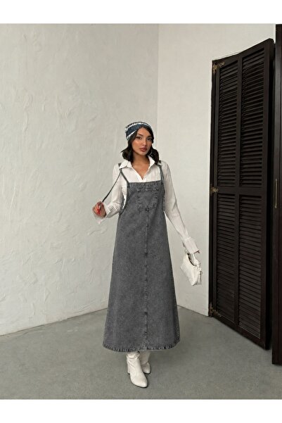 blue wings denım co. Kar Si̇yah Askili Long Gardener Denim Dress