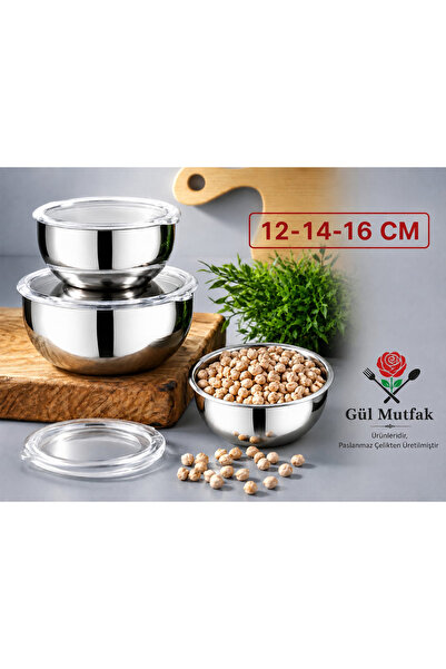 Gül Mutfak 3-Piece Steel Storage Container (12-14-16 cm) 6 Pieces Stainless S...