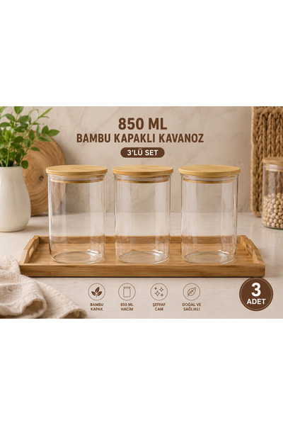 Kitchen Line Set of 3 Glass Storage Jars with Bamboo Lids – Airtight Multi-Pu...
