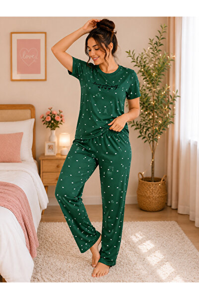 SERPİL Kadın Yeşil Kalp Desenli Kısa Kollu Uzun Paça Pijama Takımı Rahat Ev G...