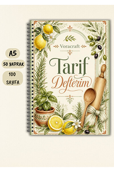 VORACRAFT Yemek Tarif Defteri, 50 Yaprak /100 Sayfa, A5 / Tel Spiral TRF0020