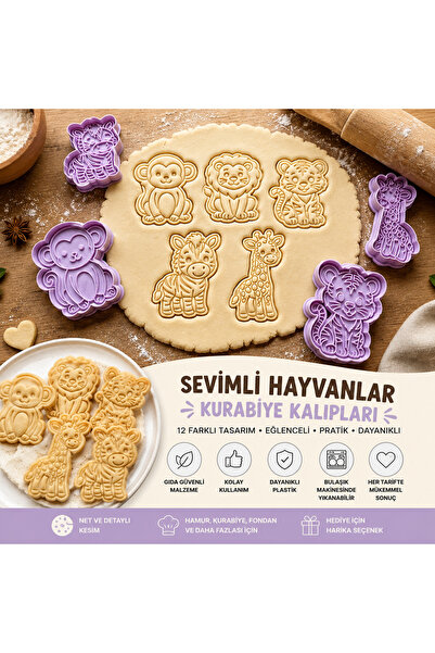 Muhcu Home 5'li Sevimli Hayvanlar Kurabiye Kalıbı Seti – Maymun, Aslan, Kapla...