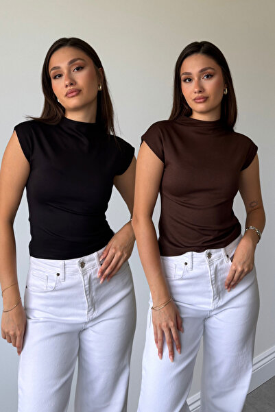 MAGARDE Black Brown 2-Pack Premium Stand-Up Collar Blouse - Black Brown