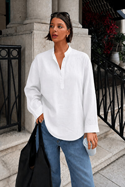 Tarz Cool Women's High Collar Buttoned Linen Look Long Sleeve Oversize Shirt