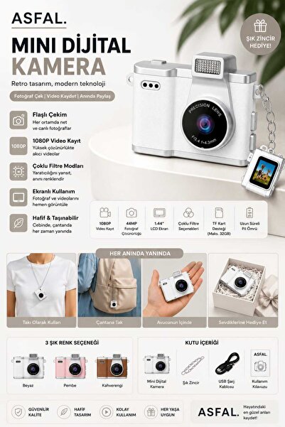 Asfal Mini Dijital Retro Kamera 1080P HD Video Kayıt Ekranlı Fotoğraf Makines...