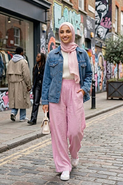 Hb Harma Time Butik بنطلون نسائي فضفاض من قماش الفراولة باللون الوردي مع خصر مطاطي