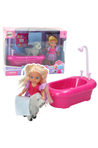 LeanToys Set de păpuși mini cu cadă și câine alb roz