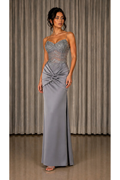 Bamah Silver Gray Evening Dress Featuring Luxurious and Elegant Embroidery