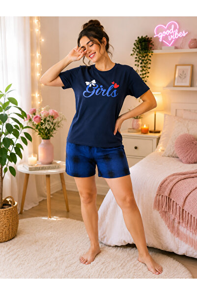 SERPİL Women's Shorts Pajama Set Girls Printed Navy Blue Short Sleeve Summer ...