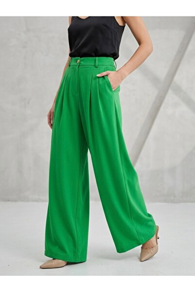 RUUJ COLLECTİON Women's Crepe Green Pleated Palazzo Trousers Plus Size Pants
