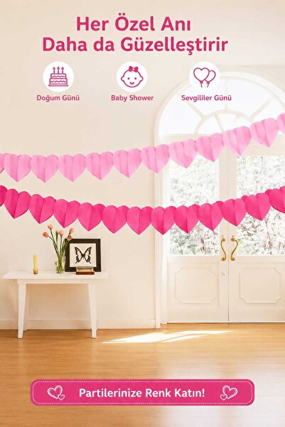 FESTİLO Kalp Garland Süs 6 Adet x 1,5 Metre Renkli Kağıt Kalp Zinciri Doğum G...