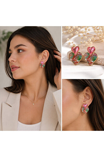 kasımoğulları concept Pink Crystal Heart Detailed Marble Pattern Dangle Earri...
