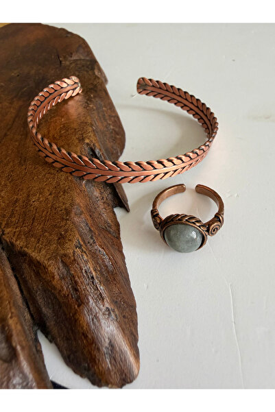 Rupen Kraft Natural agate stone 100% pure copper bracelet ring combo adjustab...