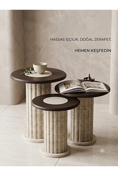 ODECOR Traverten Sütunlu Ceviz Tablalı 3'lü Modüler Yan Sehpa