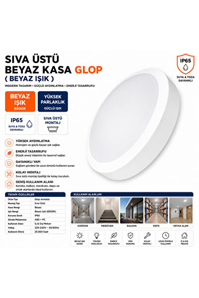 Markasız ucuz Sıva Üstü Beyaz Kasa Glop LED Armatür Beyaz Işık 6500K IP65 Tav...