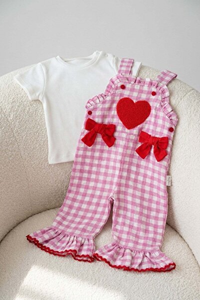 dinamik çocuk Baby girl heart print gingham romper and bodysuit t-shirt set, ...