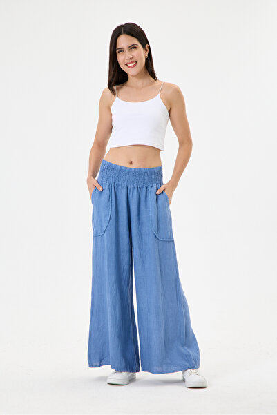 della moor Women's Blue Italian 100% Linen Elastic Waist Wide Leg Palazzo Tro...