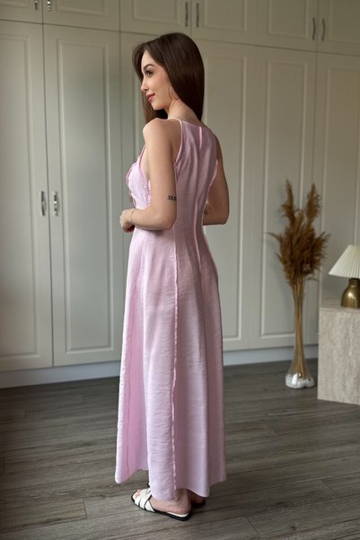 Dilay Gökoğlu Butik Strappy Linen Striped Midi Pink Dress