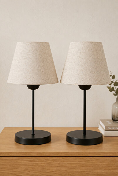 Eslight Modern İskandinav Tarz 2'li Set Siyah Ayak Masa Lambası Bej Kırçıllı ...