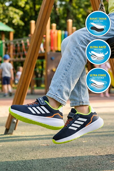 WALKWAY Navy Blue-Yellow Velcro Mesh Lightweight Boys' Sports Shoes 755 F