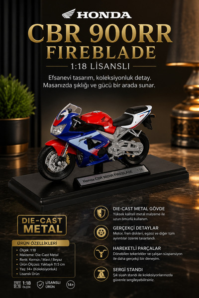 craftivio Licensed 1:18 Honda Cbr 900Rr Fireblade Diecast Metal Motorcycle Mo...