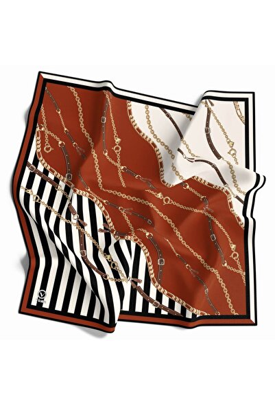 VİOLLA Twill Çizgili Zincir ve Kemer Desenli Taba Renkli 90x90 Eşarp (İpek İç...