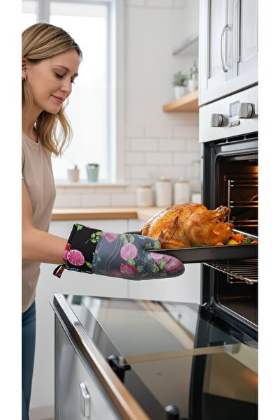 Penguen Fireproof Flower Patterned Large Size Silicone Oven Gloves