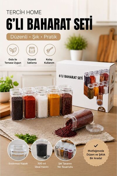 Tercih Home 6-Piece Acrylic Vacuum Square Spice Bowl Set with Label 300 ML -S...