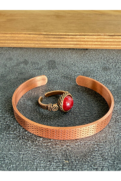 Rupen Kraft Handcrafted copper bracelet and natural stone ring set, adjustabl...
