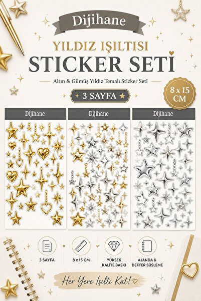 dijihane Altın ve Gümüş Yıldız Sticker Seti | 3 Sayfa | 8x15 cm | Metalik Gör...