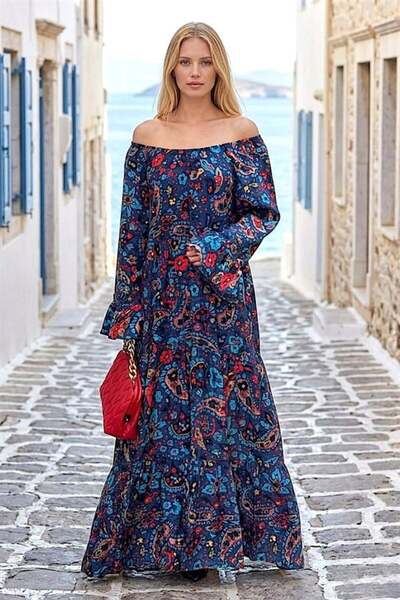Generic Brand Blue Carmen Collar Shawl Pattern Ruffled Sleeve Skirts Floor-Le...
