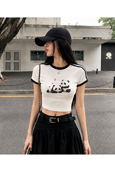 Toum Cute Panda Print Crop Top with White Stripes