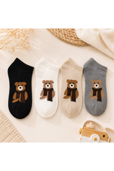 çorapmanya Çocuk 4 Çift Çok Renkli Tüylü Teddy Bear Desenli Tenis Yarım Konç ...