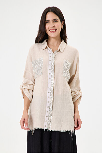 della moor Women's Beige Italian 100% Linen Sequined Ring Stripe Oversize Lin...